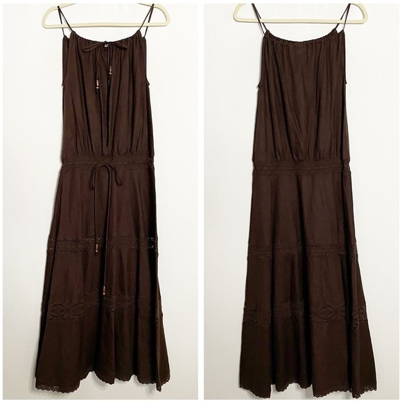 Moda International 100% Linen Boho Beachy Keyhole Crochet Inserts Midi Dress - Picture 1 of 15